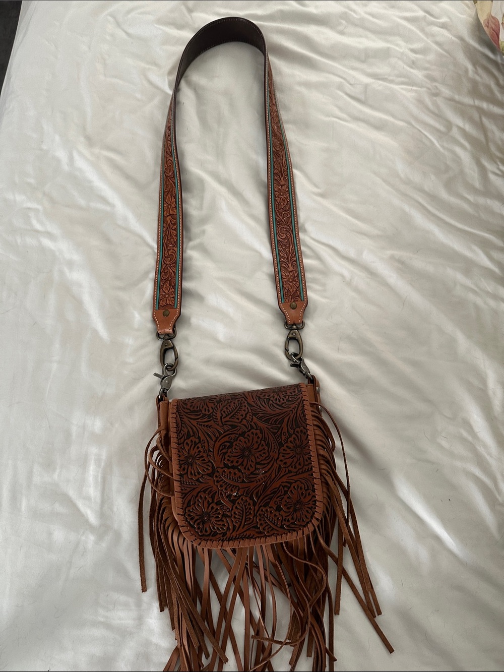 Montana West Brown Tooled Fringe Crossbody with Patterned Strap